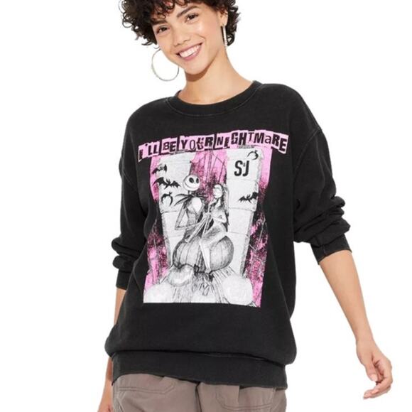 NEW Disney Nightmare Before Christmas Crewneck Sweatshirt Black Pink Women's L - Picture 1 of 7
